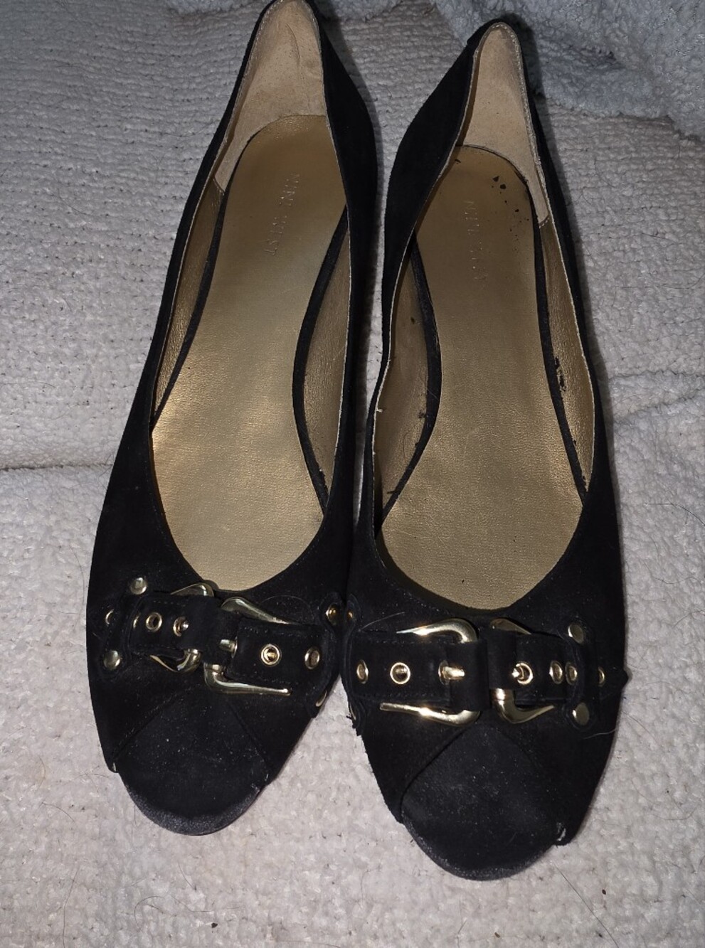 Nine West Black Suede Flats with Gold Buckle Detail